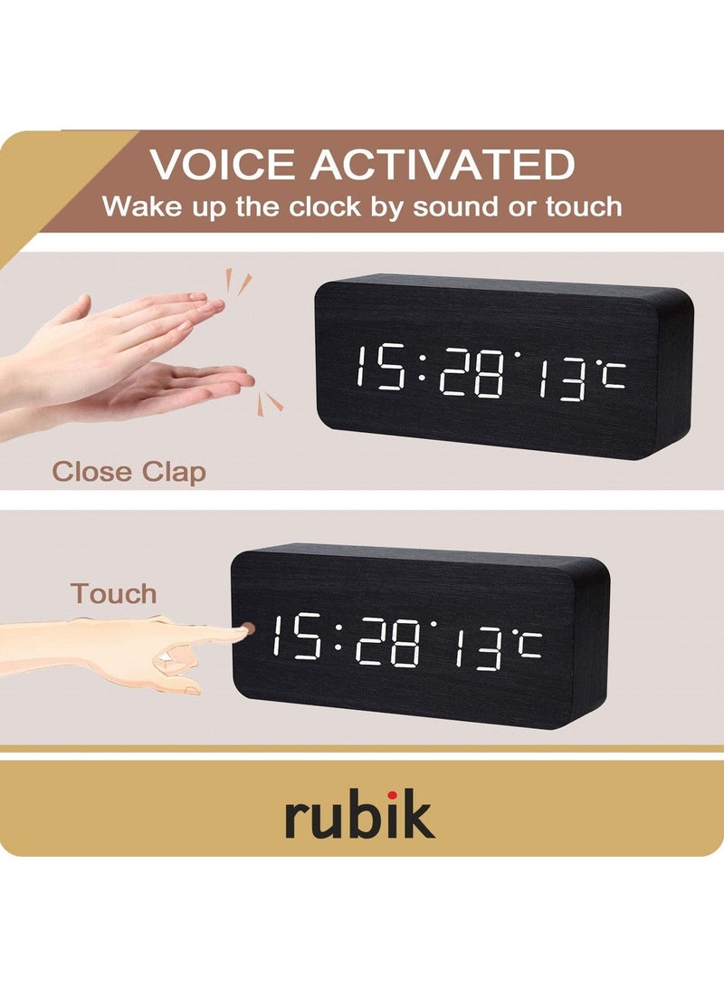 Rubik Wooden Digital Alarm Clock, Wood LED Adjustable Brightness Voice Control Desk Wooden Alarm Clock with Date/Temperature and USB/Battery Powered for Home, Office, Kids, Black and White - Image 2
