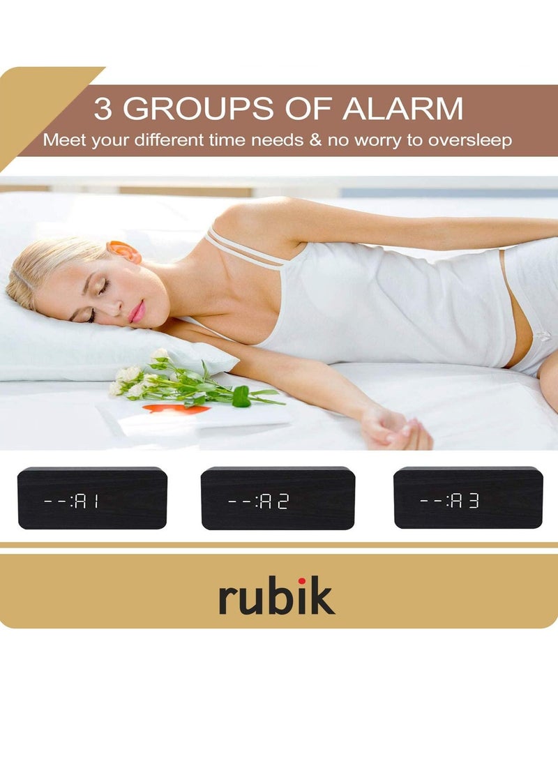 Rubik Wooden Digital Alarm Clock, Wood LED Adjustable Brightness Voice Control Desk Wooden Alarm Clock with Date/Temperature and USB/Battery Powered for Home, Office, Kids, Black and White - Image 3