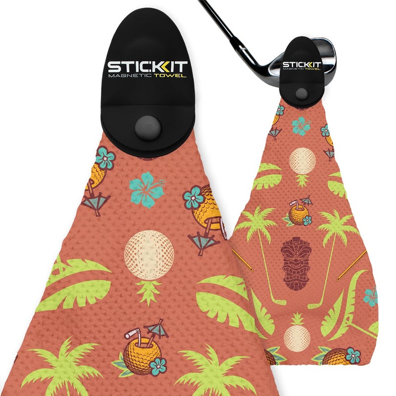 STICKIT Magnetic Salmon Pink Tiki Golf Towel  TopTier Microfiber Golf Towel with Deep Waffle Pockets  Industrial Strength Magnet for Strong Hold to Golf Carts or Clubs