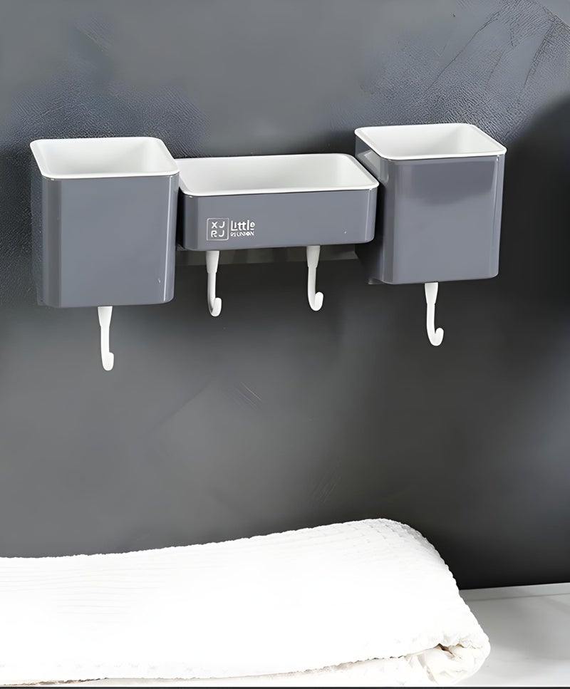 Jinila Wall Mounted Toothbrush Holder with Soap Dish and Hanging Hook Multipurpose Bathroom and Wash Basin Storage Organiser (Pack of 1, Gray and Cream) - Image 5