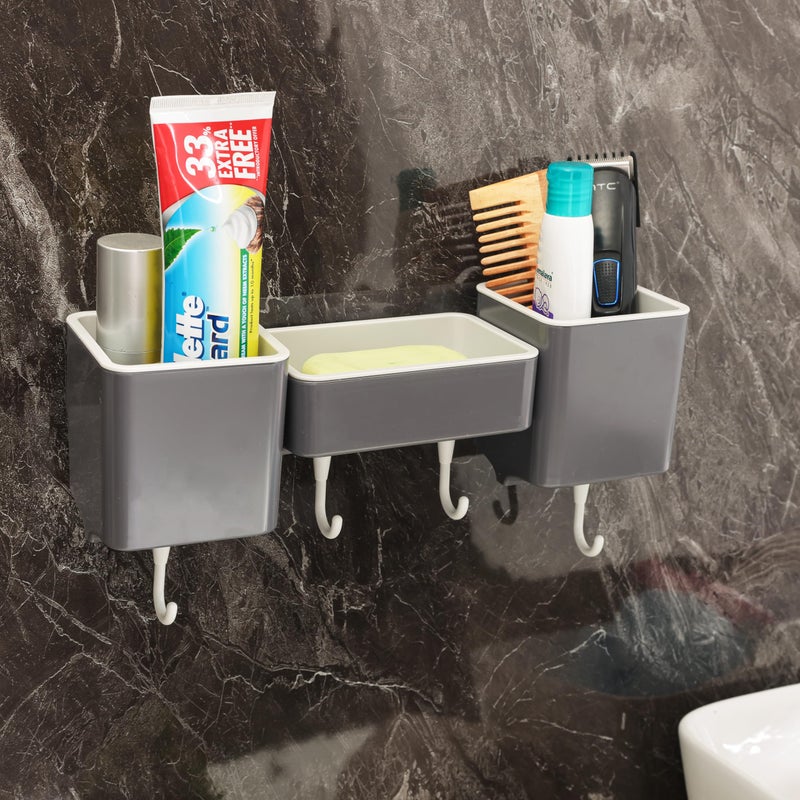 Jinila Wall Mounted Toothbrush Holder with Soap Dish and Hanging Hook Multipurpose Bathroom and Wash Basin Storage Organiser (Pack of 1, Gray and Cream) - Image 4