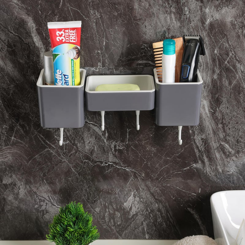 Jinila Wall Mounted Toothbrush Holder with Soap Dish and Hanging Hook Multipurpose Bathroom and Wash Basin Storage Organiser (Pack of 1, Gray and Cream) - Image 3