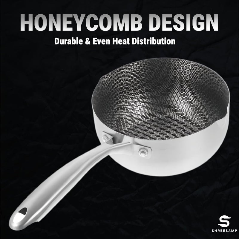 SHREESAMP SHREESAMP Triply Stainless Steel Round Saucepan with Handle Ramen Pot Milk Cheese Pot, Non-Stick Deep Egg Frying Pan, Versatile Induction Gas Compatible Sauce Pan, Chinese Stir Fry Wok Dishwasher Safe  - Image 4