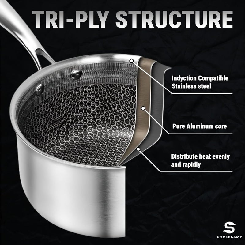 SHREESAMP SHREESAMP Triply Stainless Steel Round Saucepan with Handle Ramen Pot Milk Cheese Pot, Non-Stick Deep Egg Frying Pan, Versatile Induction Gas Compatible Sauce Pan, Chinese Stir Fry Wok Dishwasher Safe  - Image 3