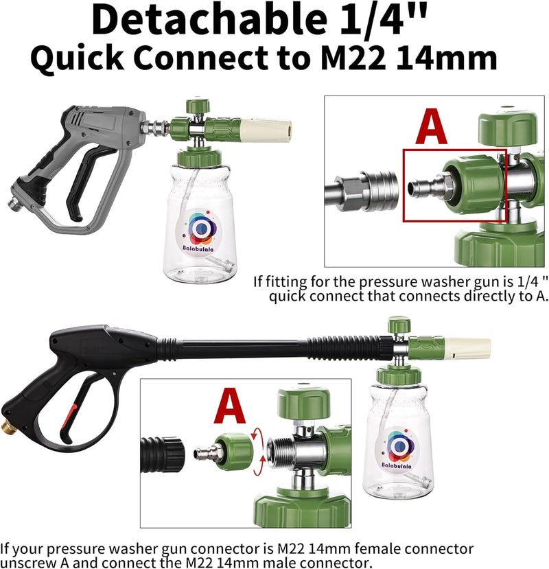 balabulala Dual Connector Accessory with Pressure Washer Foam Cannon, Pressure Washer Double Tip Attachment for Foam Blaster with with 5 Power Washer Sprayer Nozzles, 1/4" Quick Connect, 3600 PSI - Image 3