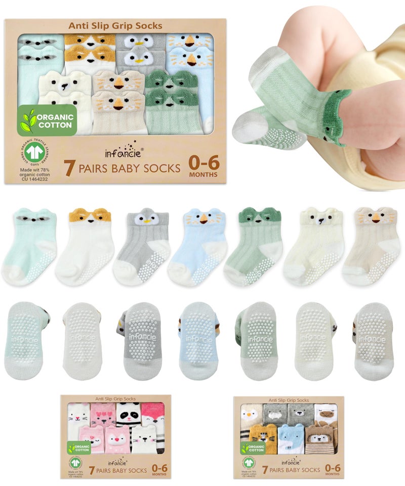 infancie Organic Cotton GOTS Certified Baby Socks 0-6 Months Soft for Infants, Comfortable and Breathable, Newborn 7 Pair Socks for Girls & boys Lightweight and Cozy for Daily Wear Animal Design - Image 1