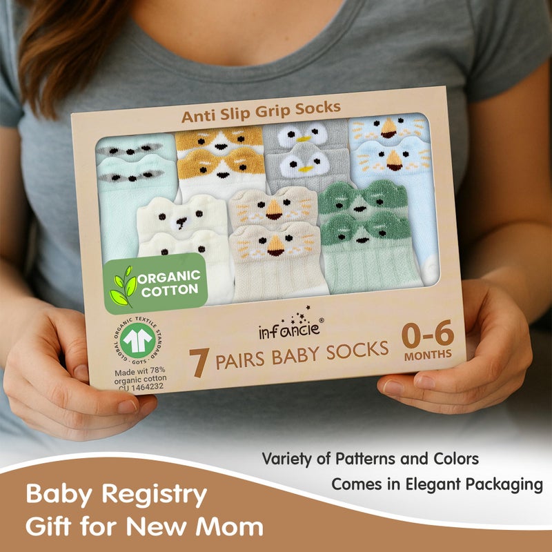 infancie Organic Cotton GOTS Certified Baby Socks 0-6 Months Soft for Infants, Comfortable and Breathable, Newborn 7 Pair Socks for Girls & boys Lightweight and Cozy for Daily Wear Animal Design - Image 2