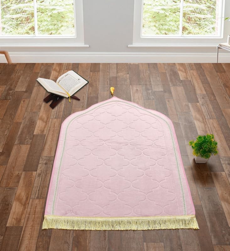 KETOSTICS® Velvet Prayer Mat 44x28 inch Musalla Janamaz for Namaz Muslim Brown (Pink) - Image 1