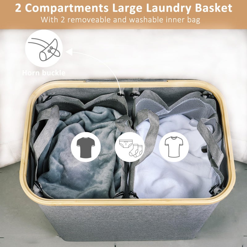 iEGrow 150L Laundry Hamper with Lid-Large Laundry Basket with Bamboo Handles, Grey Hampers for Laundry, Dirty Clothes Hamper with 2 Removable Inner Bags for Clothes Toys Towels - Image 3