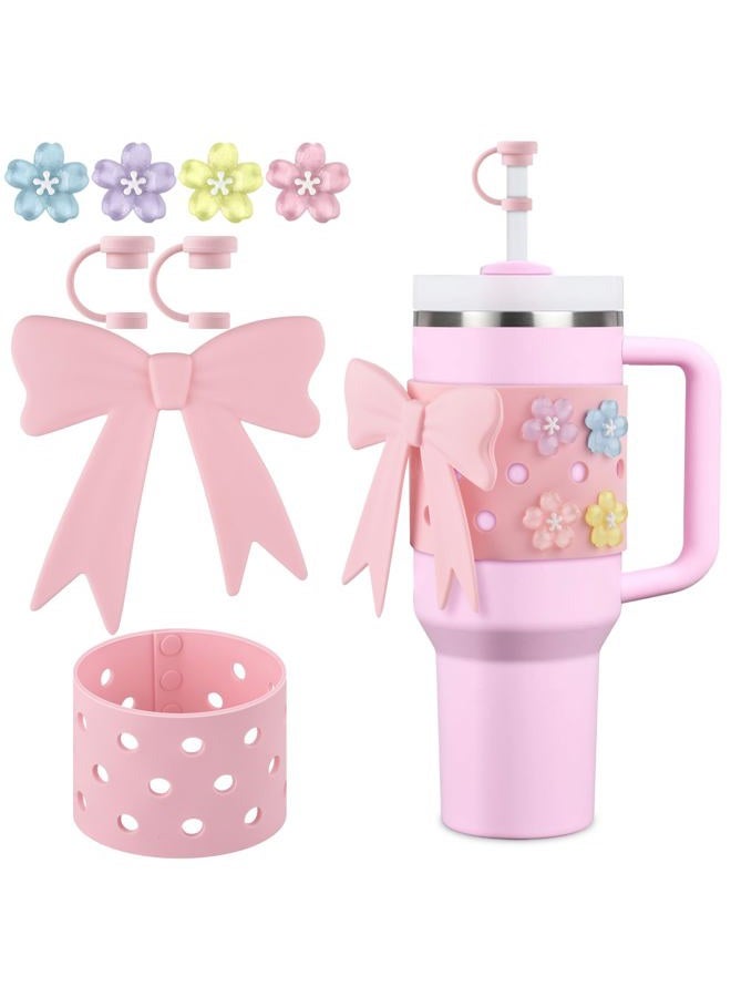 ERKOON Straw Cover Cap for Stanley, Cute Bow Tumbler Accessories Compatible with Stanley Cup 40oz, Including Reusable Straw Toppers,DIY Bow Sakura Decoration Stylish Protective Cup Accessory (Pink) - Image 1