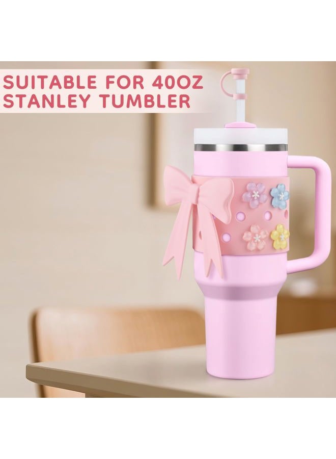 ERKOON Straw Cover Cap for Stanley, Cute Bow Tumbler Accessories Compatible with Stanley Cup 40oz, Including Reusable Straw Toppers,DIY Bow Sakura Decoration Stylish Protective Cup Accessory (Pink) - Image 3
