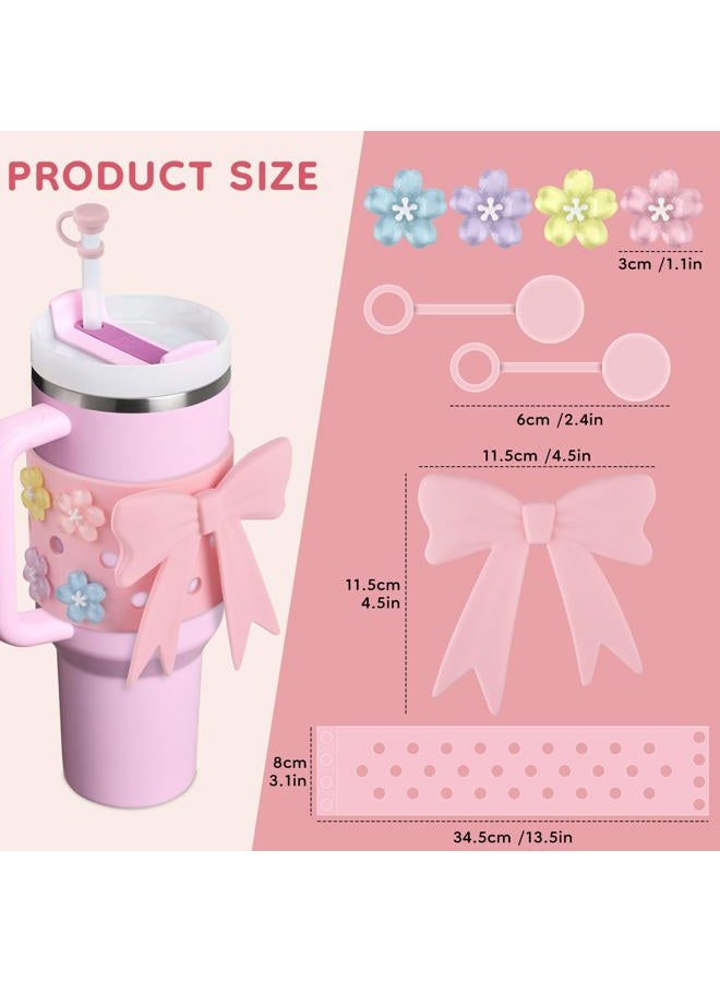 ERKOON Straw Cover Cap for Stanley, Cute Bow Tumbler Accessories Compatible with Stanley Cup 40oz, Including Reusable Straw Toppers,DIY Bow Sakura Decoration Stylish Protective Cup Accessory (Pink) - Image 2