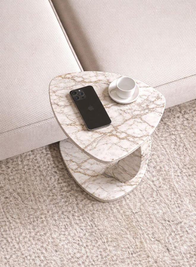 Furpinea C Shaped Triangular Top Table for Couch Small Places, Space Saver Sheild Top Side Table for Sofa and Bedside with Wheels, Coffee and Eating Snack for Living Room, Office (White Marble) - Image 3