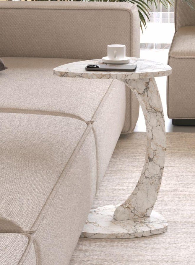 Furpinea C Shaped Triangular Top Table for Couch Small Places, Space Saver Sheild Top Side Table for Sofa and Bedside with Wheels, Coffee and Eating Snack for Living Room, Office (White Marble) - Image 2