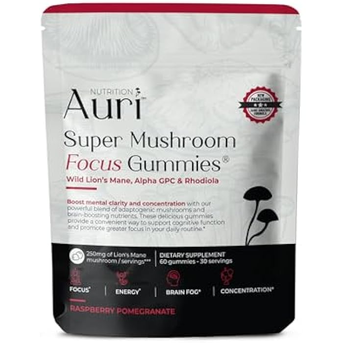 Auri Nutrition Super Mushroom Focus Gummies w/Lion's Mane, Alpha GPC & Rhodiola – Mushroom Supplement to Support Cognitive Function, Mental Clarity, Focus & Energy, 60 Gummies, Vegan Friendly, Non GMO - Image 1