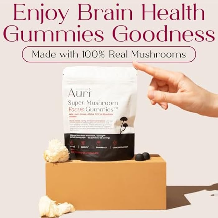 Auri Nutrition Super Mushroom Focus Gummies w/Lion's Mane, Alpha GPC & Rhodiola – Mushroom Supplement to Support Cognitive Function, Mental Clarity, Focus & Energy, 60 Gummies, Vegan Friendly, Non GMO - Image 3