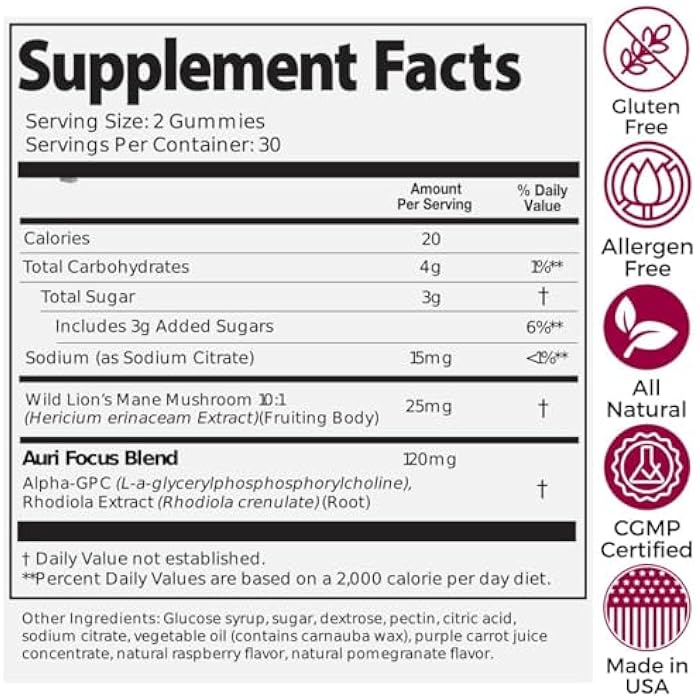 Auri Nutrition Super Mushroom Focus Gummies w/Lion's Mane, Alpha GPC & Rhodiola – Mushroom Supplement to Support Cognitive Function, Mental Clarity, Focus & Energy, 60 Gummies, Vegan Friendly, Non GMO - Image 5