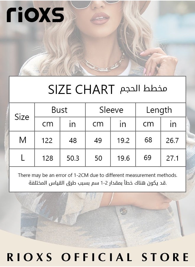 RIOXS Women's Vintage Geometric Print Pattern Jacket, Loose Button Down Long Sleeve Tweed Plaid Shirt Coat with Flap Pockets, Comfortable to Wear, Suitable for Daily Wear  - Image 4