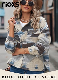RIOXS Women's Vintage Geometric Print Pattern Jacket, Loose Button Down Long Sleeve Tweed Plaid Shirt Coat with Flap Pockets, Comfortable to Wear, Suitable for Daily Wear  - Image 2