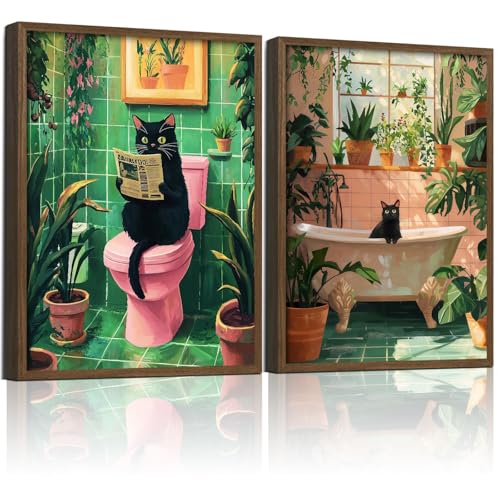 NCYEL 2 Pcs Wooden Framed Green Plant Bathroom Black Cat Wall Art Animal Bathroom Decor Painting Modern Canvas Prints Vintage Plant Poster Gallery Style Home Artwork 12X16Inch - Image 1