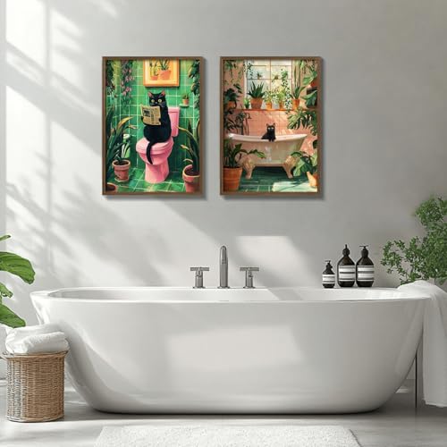 NCYEL 2 Pcs Wooden Framed Green Plant Bathroom Black Cat Wall Art Animal Bathroom Decor Painting Modern Canvas Prints Vintage Plant Poster Gallery Style Home Artwork 12X16Inch - Image 4