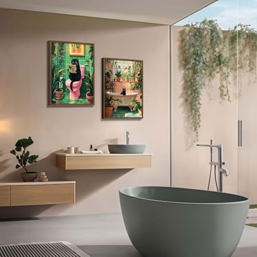 NCYEL 2 Pcs Wooden Framed Green Plant Bathroom Black Cat Wall Art Animal Bathroom Decor Painting Modern Canvas Prints Vintage Plant Poster Gallery Style Home Artwork 12X16Inch - Image 5