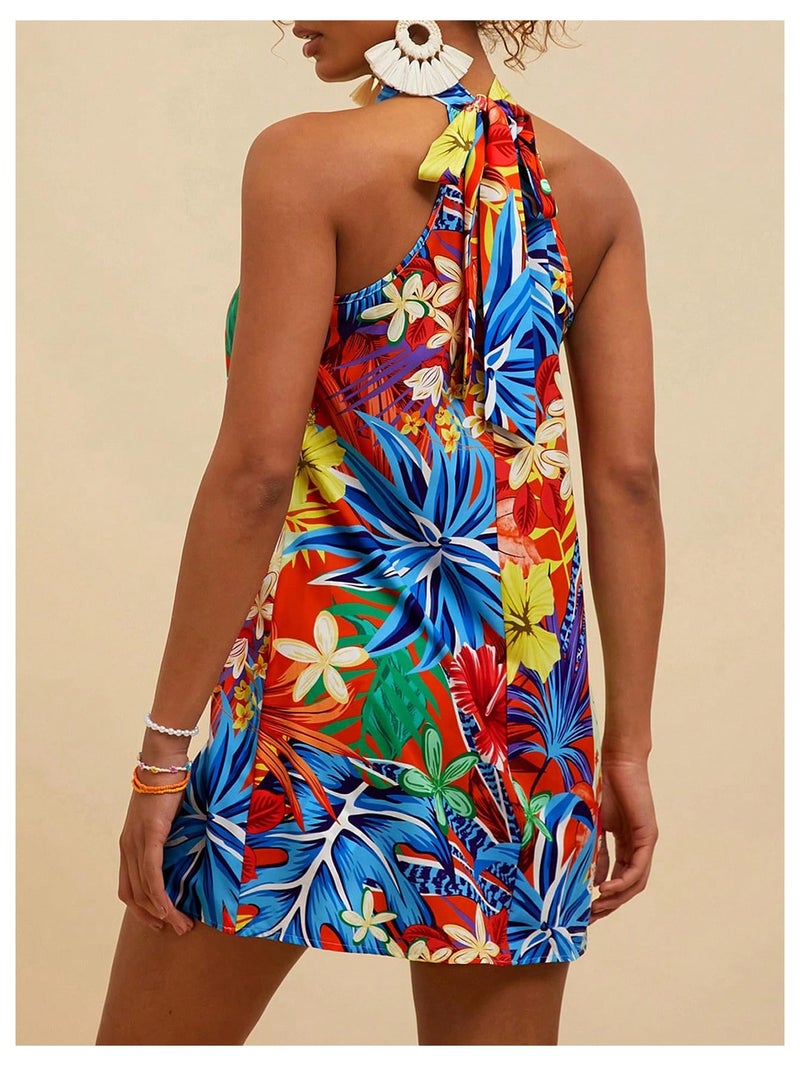 Floerns Women's Sleeveless Floral Print Sundress Halter Neck A Line Short Dress Orange Red Multi Small - Image 3