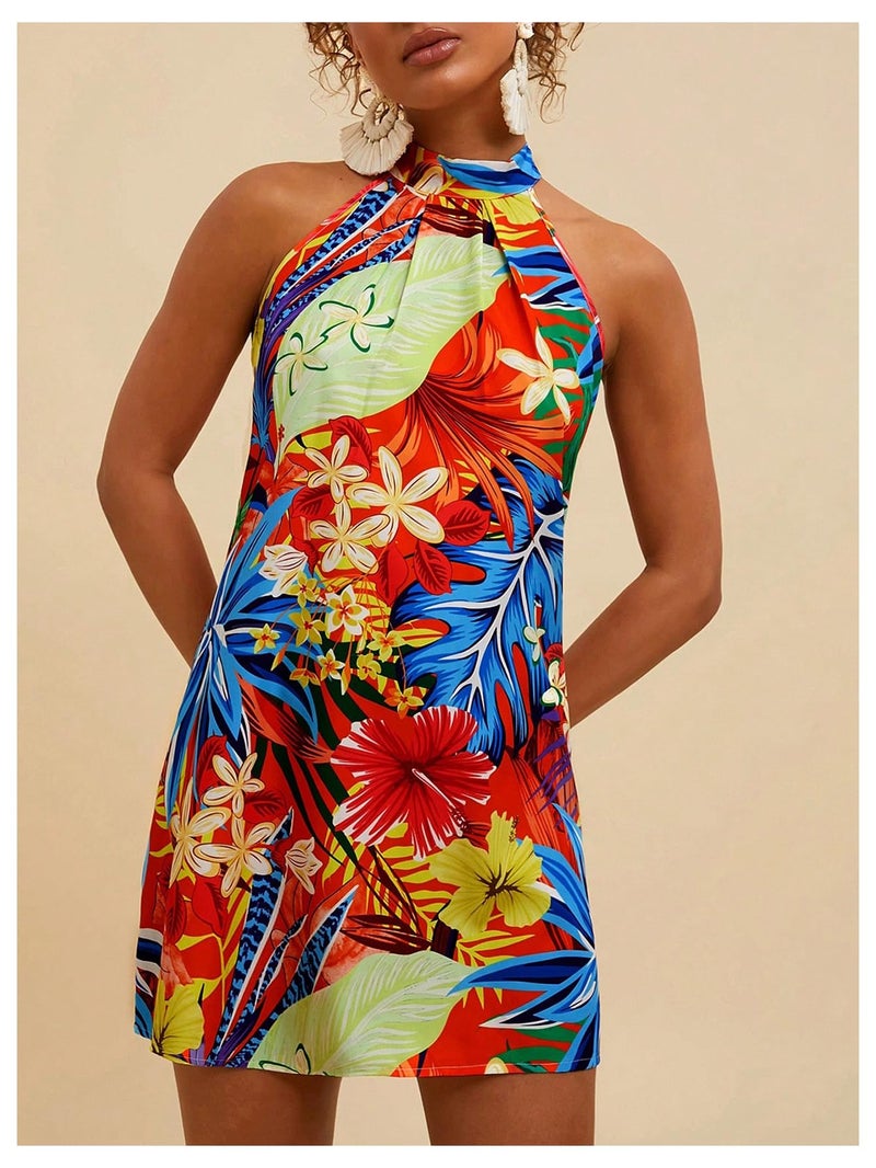 Floerns Women's Sleeveless Floral Print Sundress Halter Neck A Line Short Dress Orange Red Multi Small - Image 5