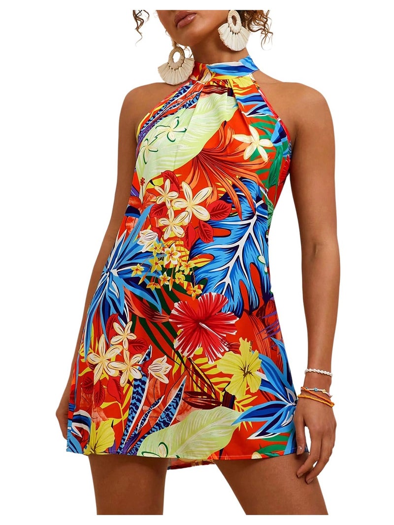 Floerns Women's Sleeveless Floral Print Sundress Halter Neck A Line Short Dress Orange Red Multi Small - Image 1