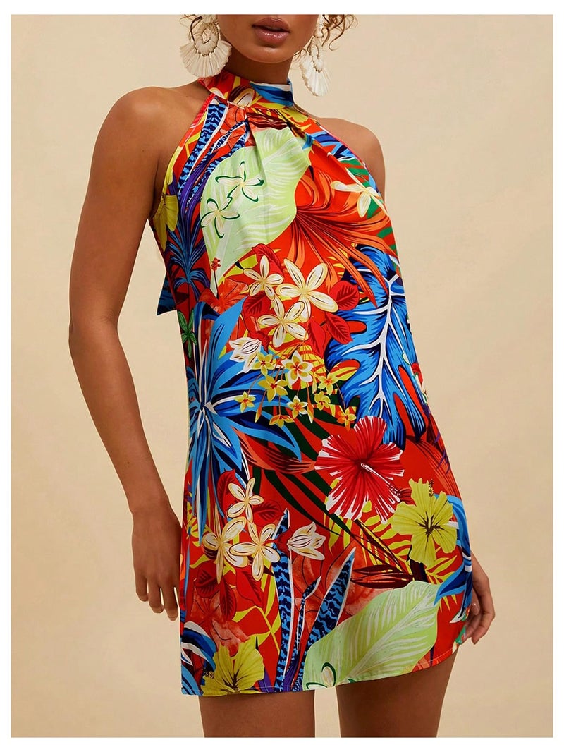 Floerns Women's Sleeveless Floral Print Sundress Halter Neck A Line Short Dress Orange Red Multi Small - Image 2