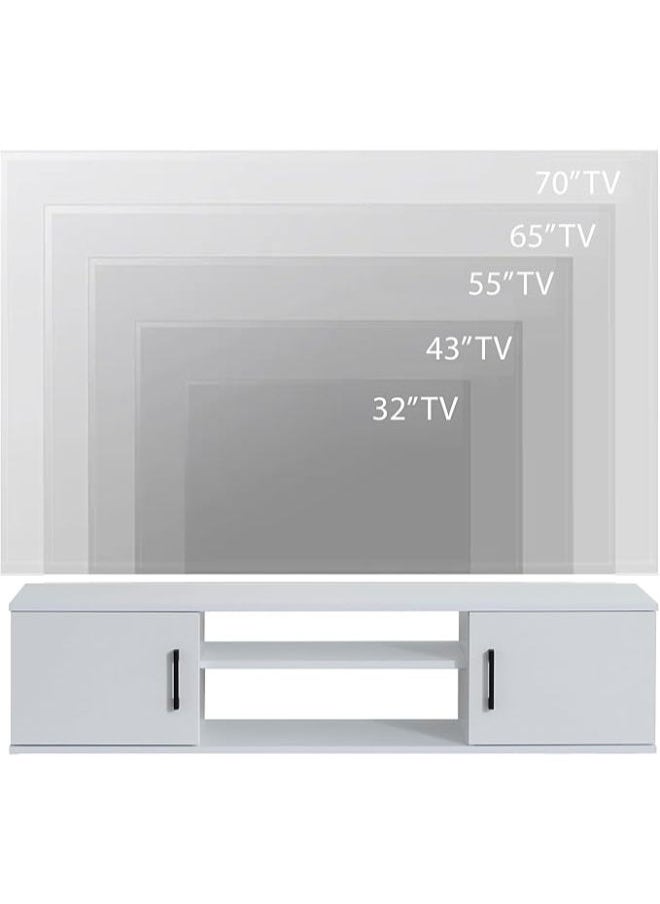 Elegant Floating TV Stand White Wall-Mounted Media Console with Minimalist Design and Under-Shelf Storage.