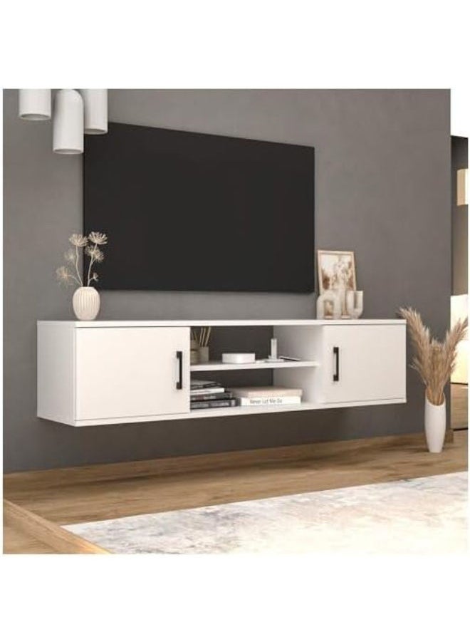 Elegant Floating TV Stand White Wall-Mounted Media Console with Minimalist Design and Under-Shelf Storage.
