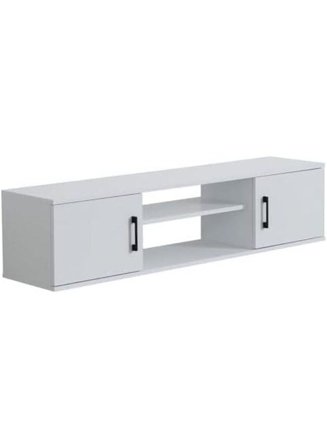 Elegant Floating TV Stand White Wall-Mounted Media Console with Minimalist Design and Under-Shelf Storage.