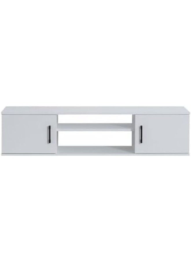 Elegant Floating TV Stand White Wall-Mounted Media Console with Minimalist Design and Under-Shelf Storage.