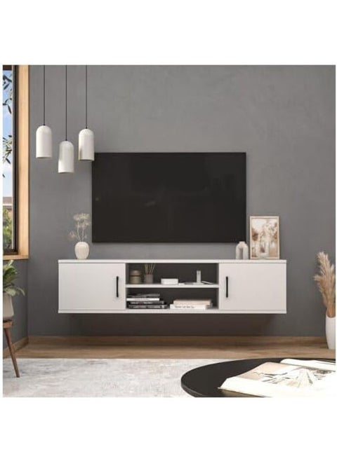 Elegant Floating TV Stand White Wall-Mounted Media Console with Minimalist Design and Under-Shelf Storage.