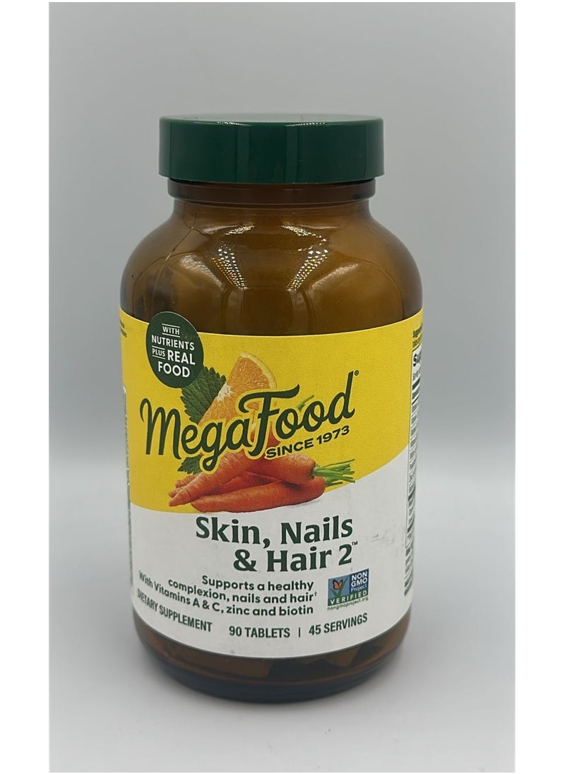 MegaFood Skin, Nails & Hair 2 - SUPPORTS A HEALTHY COMPLEXION, NAILS AND HAIR WITH VITAMINS A & C, ZINC AND BIOTIN, DIETARY SUPPLEMENT / 90 TABLETS / 45 SRVINGS.  - Image 1