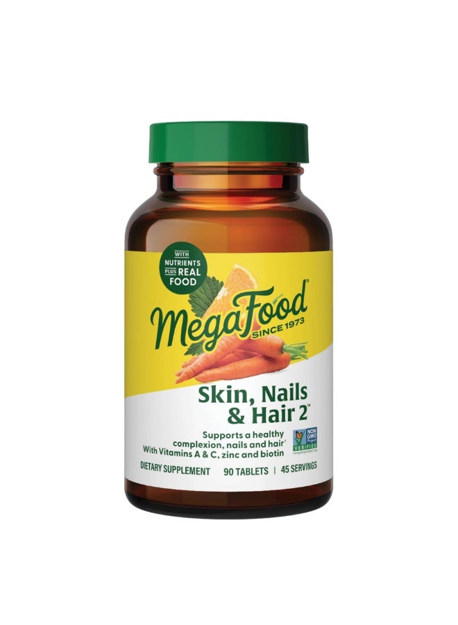 MegaFood البشرة والأظافر والشعر 2 - يدعم بشرة صحية، وأظافر وشعر مع فيتامينات A و C، والزنك والبيوتين، مكمل غذائي / 90 قرص / 45 حصة. - Image 1