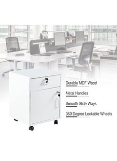DUSALA Movable Filing Cabinet with 1 Drawer and 1 Door Lockable Office Cabinet with Wheels in White Industrial Wood  - Image 5