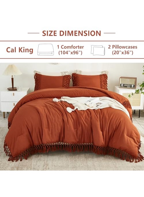 Andency Andency Burnt Orange Comforter Set California King  3 Pieces Boho Cal King Tassel Lightweight Soft Bedding Comforter Sets  Oversized Bed Set (104x96In Comforter & 2 Pillowcases)  - Image 5