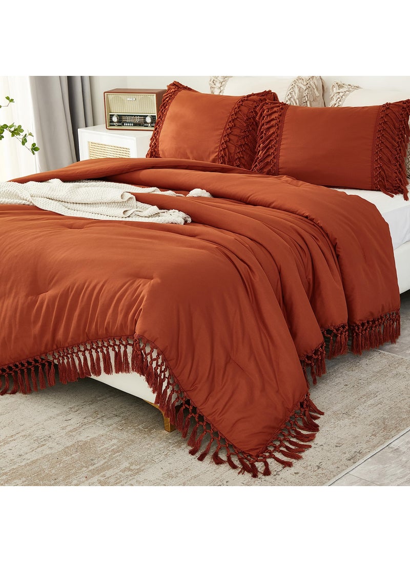 Andency Andency Burnt Orange Comforter Set California King  3 Pieces Boho Cal King Tassel Lightweight Soft Bedding Comforter Sets  Oversized Bed Set (104x96In Comforter & 2 Pillowcases)  - Image 1