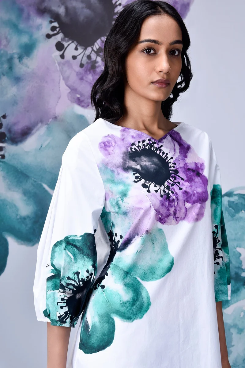 Genes Lecoanet Hemant Anemone Flower Regular Fit Dress- White Green