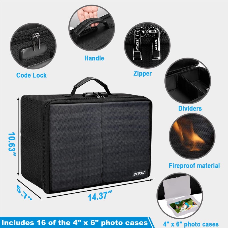 ENGPOW Fireproof Photo Storage Box with 16 Inner 4" x 6" Photo Case(Clear),Photo Box Organizer with Lock,Collapsible Portable Photo Storage Containers with Handle for Photos,Picture,Valuables - Image 4
