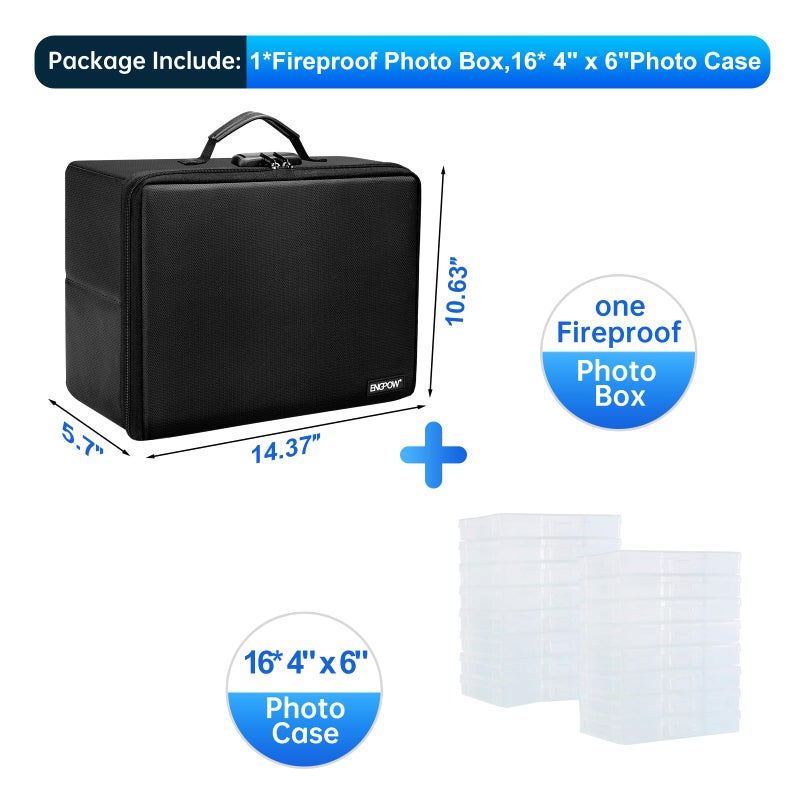 ENGPOW Fireproof Photo Storage Box with 16 Inner 4" x 6" Photo Case(Clear),Photo Box Organizer with Lock,Collapsible Portable Photo Storage Containers with Handle for Photos,Picture,Valuables - Image 2
