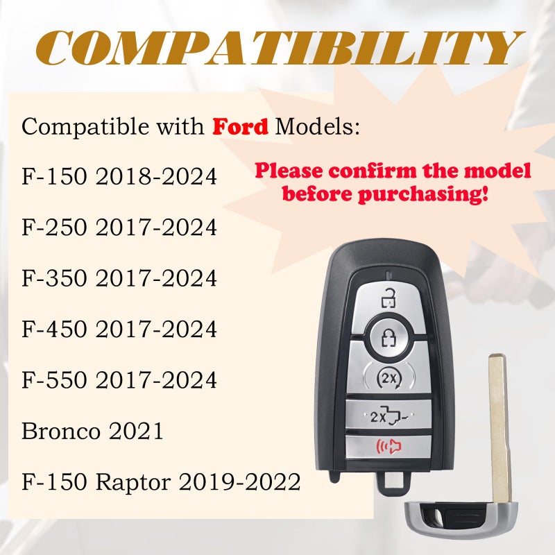 SUPALAND بديل مفتاح التحكم عن بُعد يناسب فورد F150/F-150 F250/F-250 F350 F450 2017 2018 2019 2020 2021 2024 برونكو مفتاح ذكي للدخول بدون مفتاح والتحكم في بدء التشغيل 164-R8166 5929503 M3N-A2C93142600 - Image 3
