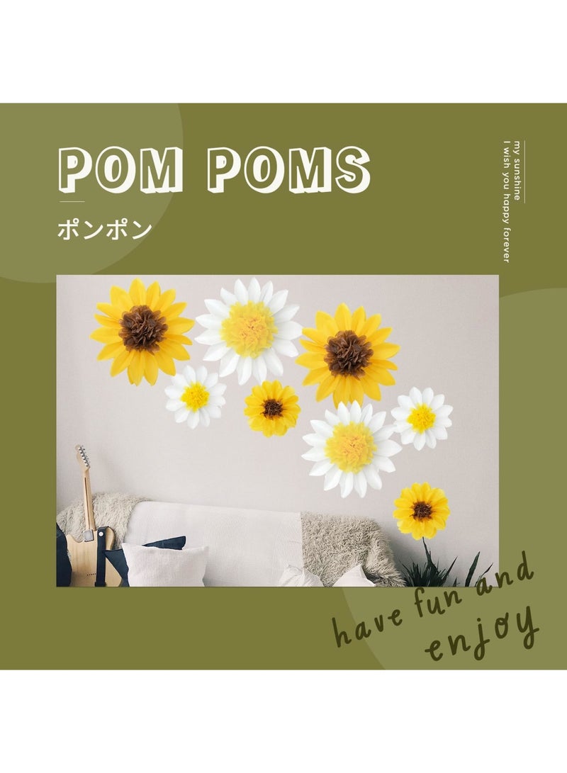 SYOSI 12Pcs Sunflower Daisy Tissue Paper Pom Poms Flowers for Party Decorations - 12" & 8" Yellow, Brown, White, Boho Rustic Bridal Baby Shower Birthday Wedding Ceiling Décor - Image 3