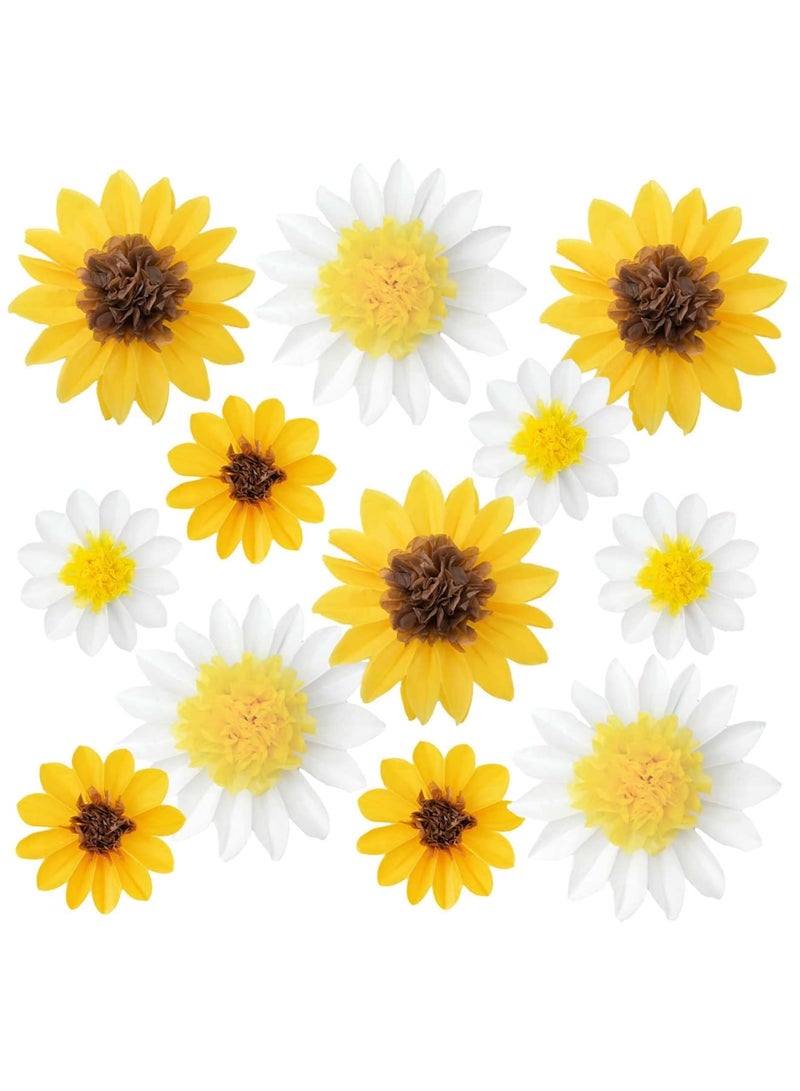 SYOSI 12Pcs Sunflower Daisy Tissue Paper Pom Poms Flowers for Party Decorations - 12" & 8" Yellow, Brown, White, Boho Rustic Bridal Baby Shower Birthday Wedding Ceiling Décor - Image 1