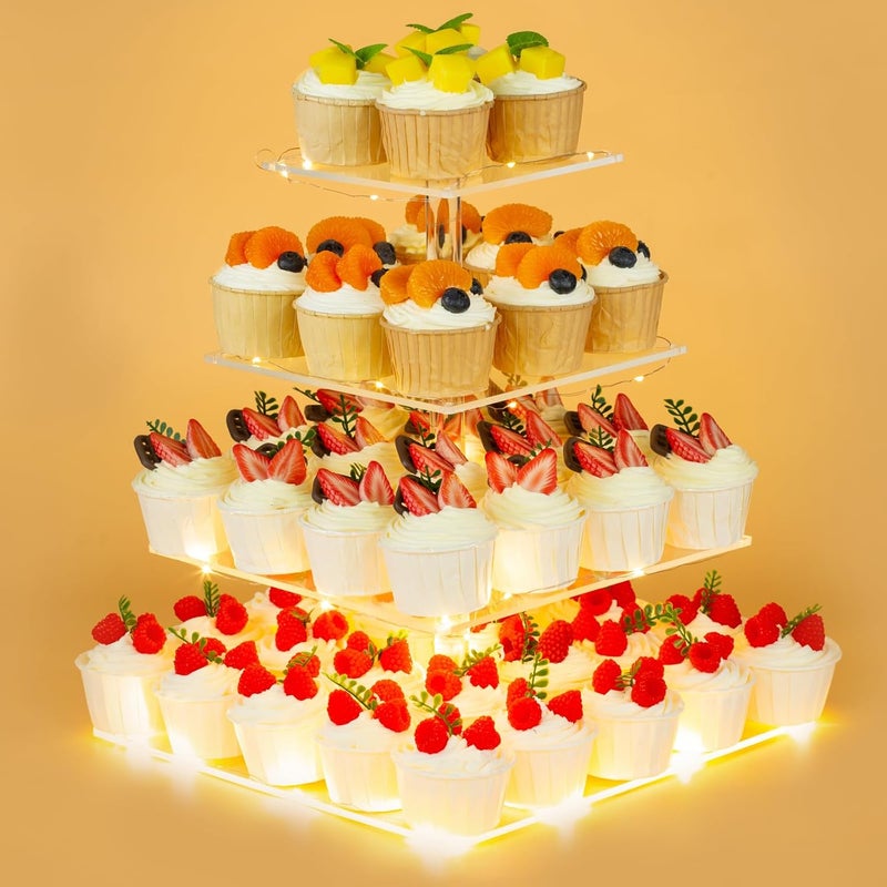 HENABLE 4 Tier Premium Cupcake Stand Cupcake Holder, Acrylic Cupcake Tower with LED Yellow Light for Cupcakes, Dessert Table Display Set for Birthday, Bar, Decor Weddings, Parties Events - Image 1