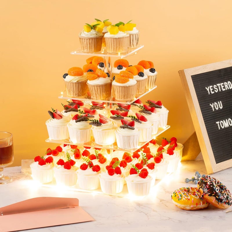 HENABLE 4 Tier Premium Cupcake Stand Cupcake Holder, Acrylic Cupcake Tower with LED Yellow Light for Cupcakes, Dessert Table Display Set for Birthday, Bar, Decor Weddings, Parties Events - Image 3