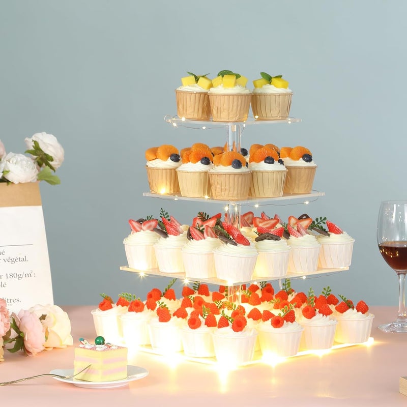 HENABLE 4 Tier Premium Cupcake Stand Cupcake Holder, Acrylic Cupcake Tower with LED Yellow Light for Cupcakes, Dessert Table Display Set for Birthday, Bar, Decor Weddings, Parties Events - Image 4