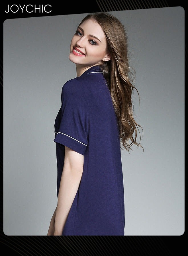 Joychic Classic Spring and Summer Pajamas Modal Smooth and Comfoty Loose Women Nightgown Casual Shirt Collar Short-sleeved Long Homeclothes Loungewear Dark Blue - Image 2